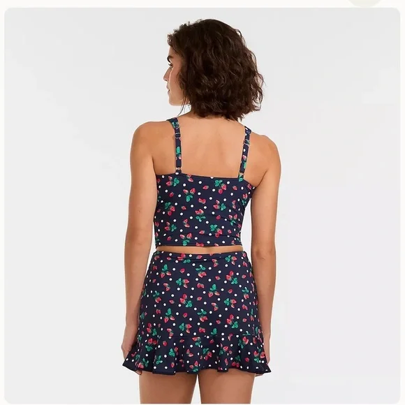 Lands end Sweetheart Midkini Navy Strawberry Crop Tankini Top and Skirt Swim Set - Picture 4 of 5